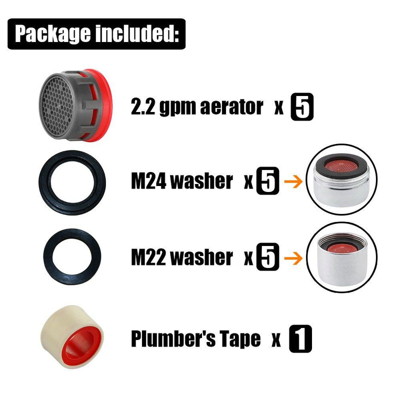 JQK Faucet Aerator, 2.2 GPM Flow Retrictor Insert Faucet Aerators Replacement Parts Bathroom 5 Pack, Standard Size, FAN22-P5 Red - 2.2 gpm