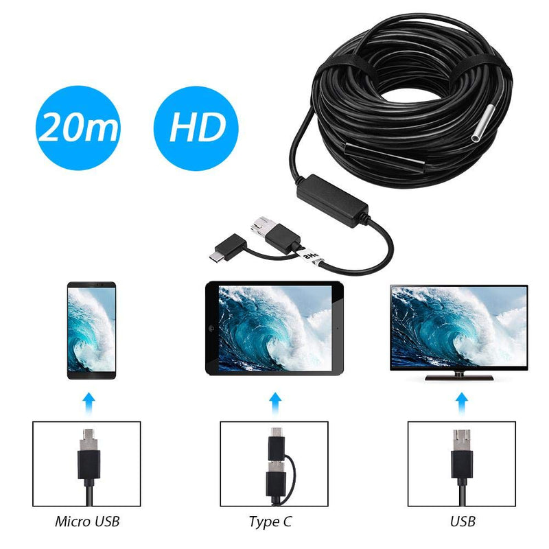 Akozon USB Snake Inspection Camera 3 in 1 Endoscope Inspection Camera 20M 720P Waterproof Borescope Inspection Camera with 8 Adjustable LED for Pipe Car Inspection