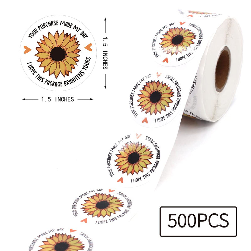 Littlefa 1.5” Your Purchase Made My Day with Sunflower Design Stickers,Thank You Stickers,Bakeries Stickers,Handmade Stickers,Small Business Stickers, Envelopes Stickers, Gift Bags Packaging 500 PCS