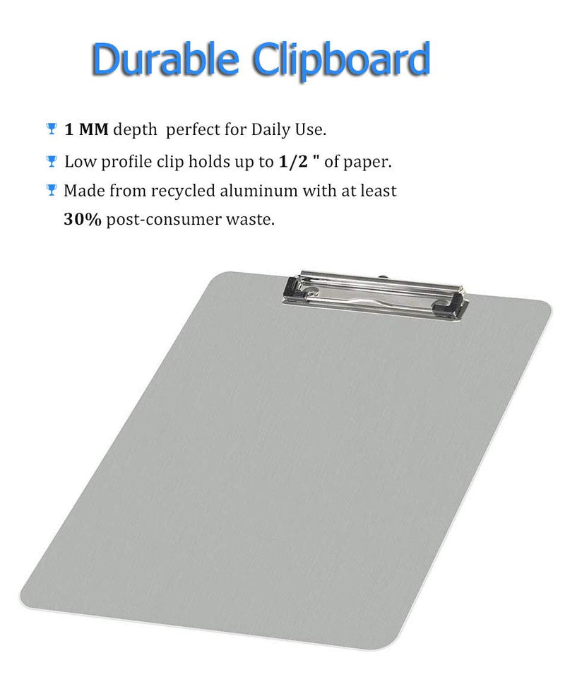 Metal Clipboard Recycled Aluminum Document Holder Steel Stainless Hangable Low Profile Clip Letter Size A4 File Paper Sheet, Ultra Quality for Office Business School Teach Jobsite Laboratory Medical Low Profile Clip 12x8.5in