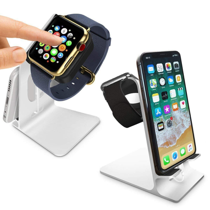 Orzly Duo Stand for Apple Watch - Aluminium Desk Stand Becomes a Fully Functional Charging Dock for Both AppleWatch & iPhone Simultaneously (Grommet Charger & Lightning Cable not Included) - Silver