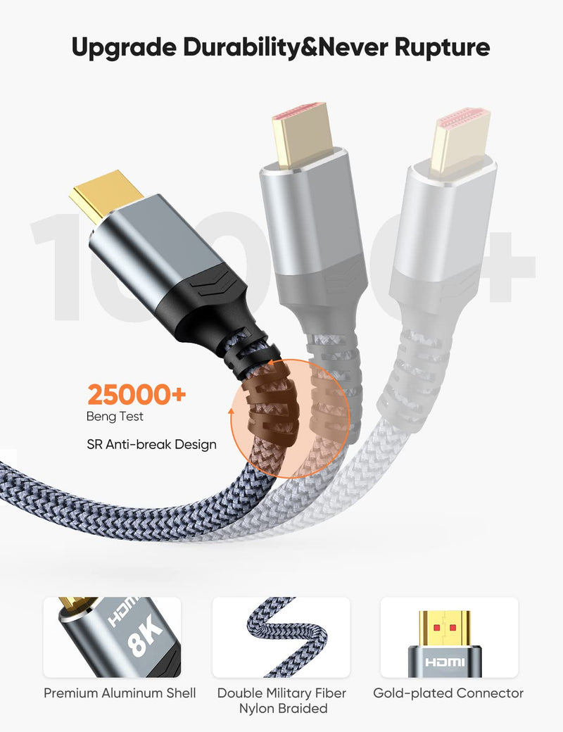 8K HDMI Cable 2-Pack 6.6FT, Highwings Slim 48Gbps High Speed HDMI Braided Cord-4K@120Hz 144Hz 8K@60Hz, HDCP 2.2&2.3, Dynamic HDR,eARC,DTS:X,RTX 3090,Dolby Compatible with Roku TV/HDTV/PS5/Blu-ray 6.6 feet