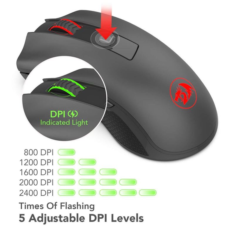 Redragon M652 Optical 2.4G Wireless Mouse with USB Receiver, Portable Gaming & Office Mice, 5 Adjustable DPI Levels, 6 Buttons for Desktop, MacBook, Notebook, PC, Laptop, Computer Black
