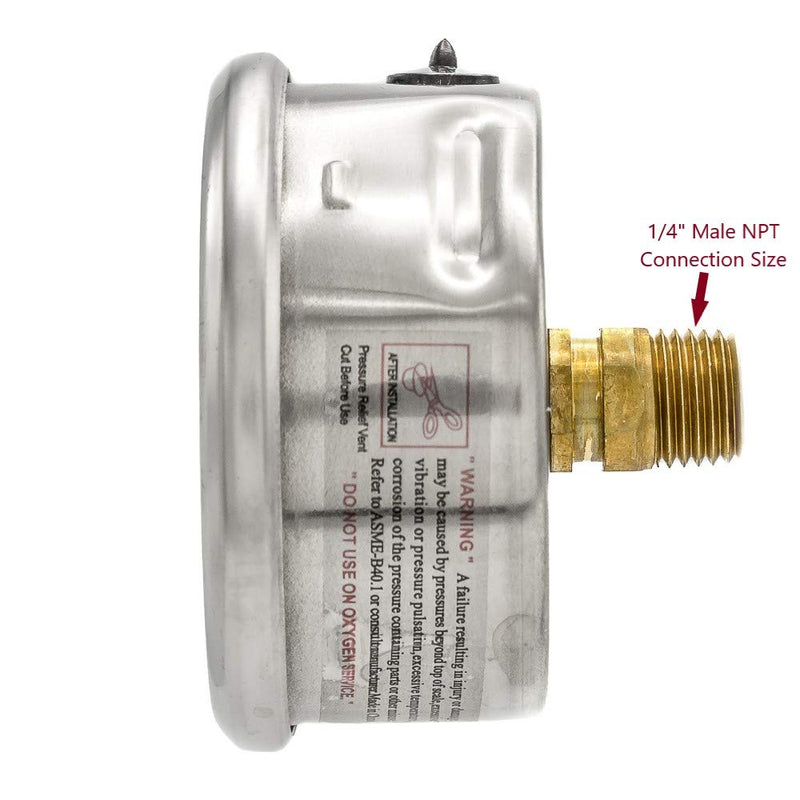 PIC Gauge PRO-202L-254B Glycerin Filled Industrial Center Back Mount Pressure Gauge with Stainless Steel Case, Brass Internals, Plastic Lens, 2-1/2" Dial Size, 1/4" Male NPT, 0/15 psi 0 - 15 PSI