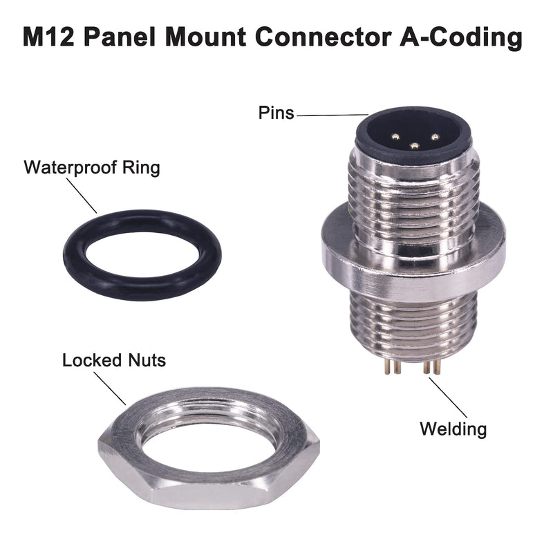 M12 4 Pin Male Aviation Panel Mount Connector,Lonlonty 12mm Waterproof Chassis Panel Back Mount Socket Sensor Connector 5PCS