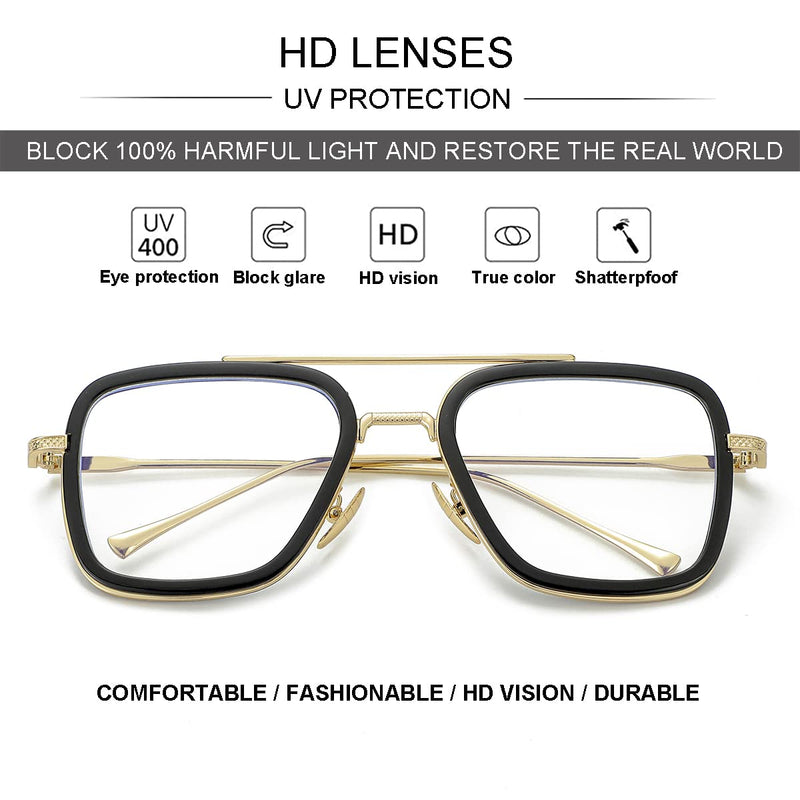 2 Pack Tony Stark Style Blue Light Blocking Glasses for Men Women, Iron Man and Spider-Man Metal Frame Eyeglasses 1 Pack: Black/Gold 55 Millimeters