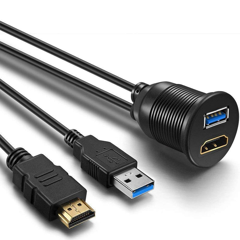OBVIS USB3.0 HDMI Mount Cable – USB3.0 and HDMI Extension Flush Dash Panel Mount Cable for Car Boat Motorcycle (6 Feet) 6 Feet