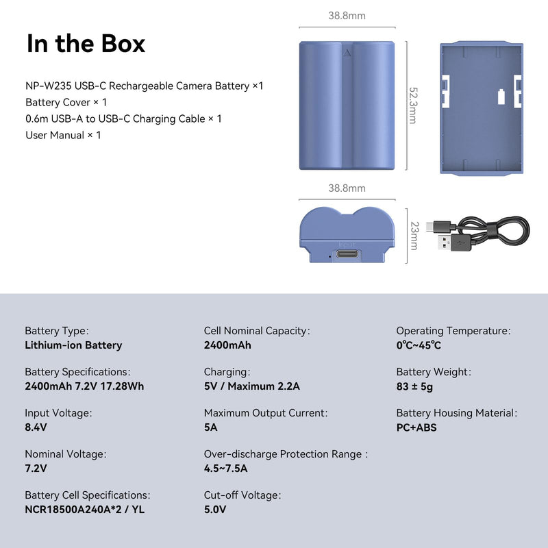 SmallRig NP-W235 2400mAh Camera Battery for Fujifilm X-T5 / X-T4 / GFX100S, USB-C 2.5H Fast Charging Rechargeable Camera Battery for Fujifilm X-T5, X-T4, X-H2S, X-H2, GFX50S II, VG-XT4, X-S20-4266