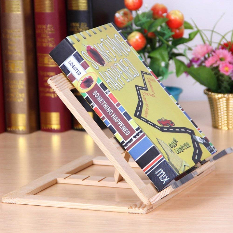 Natural Wooden Book Stand, MOMSIV Adjustable Book Holder for Kitchen & Office Reading Desk Portable Cookbook Stand Textbooks Books Stand Tray and Page Paper Clips (11.8 x 9.5inches) Wood, 11.8" x 9.5"