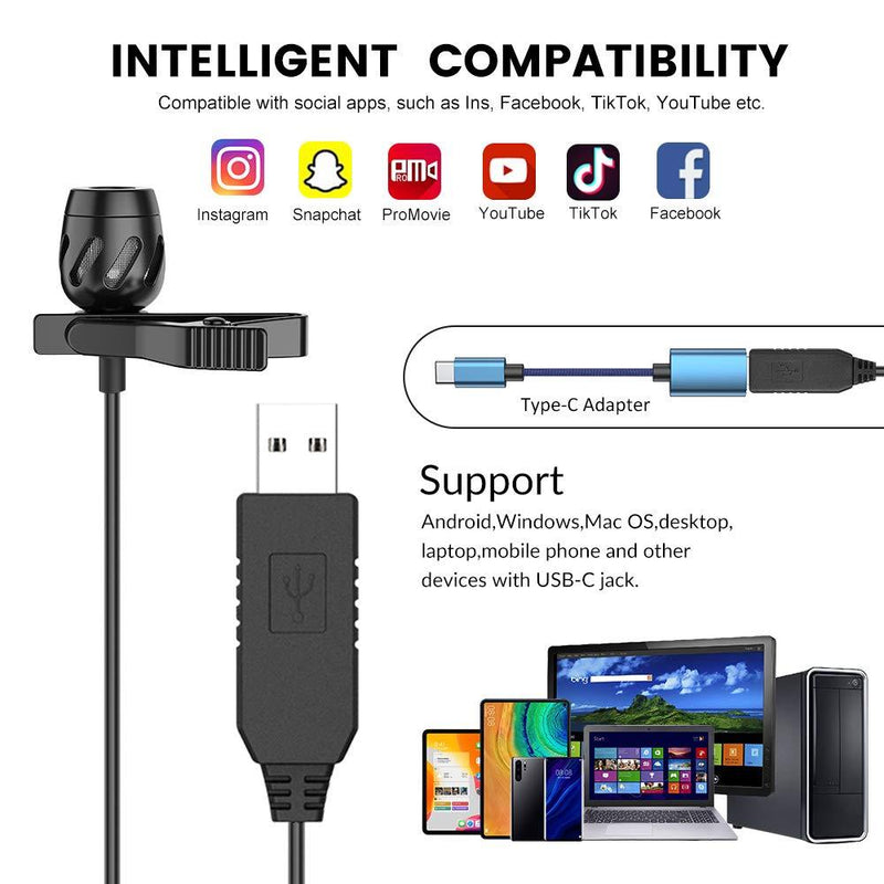 USB Lavalier Microphone, Lapel Microphone for Computer, USB-C Clip On Mic for YouTube, Recording, Podcasting, Gaming, Interview Omnidirectional Condenser Mic for PC, Laptop, Mac, Smartphone