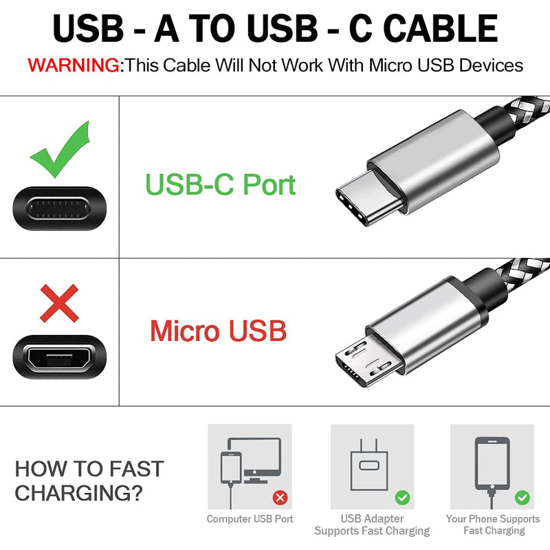 USB Type C Charger Cable 10FT,2Pack USB C Charger Fast Charging Cord Compatible with Samsung Galaxy S9 S10 S10+ S20 A11 A20 A21 A51 A41 A32 A71 Kindle Fire 9th-10th Generation Sliver&Black