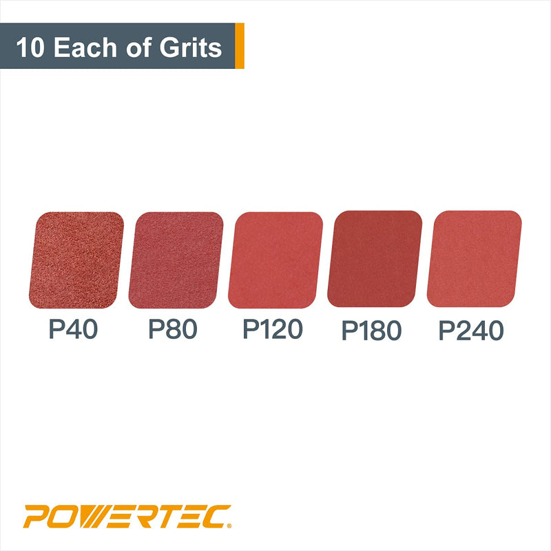 POWERTEC 71514 Hand Sanding Block Set w/Aluminum Oxide Sander Pad Assortment 80mm X 130mm – 50 Pack (40, 80, 120, 180, 240 Grit, 10 of each)