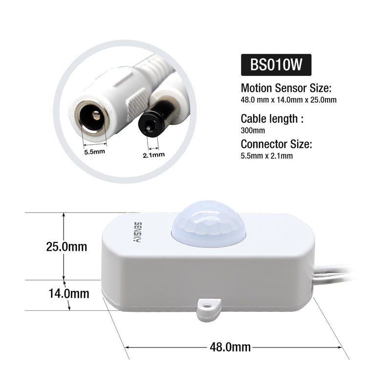 Sensky BS010W DC 12V to 30V 3A Mini Pir Motion Sensor Switch,Occupancy Sensor Switch for Gun Safe, Kitchen Cabinet, Pantry, Closet led lighting (White-Without Light Sensor)