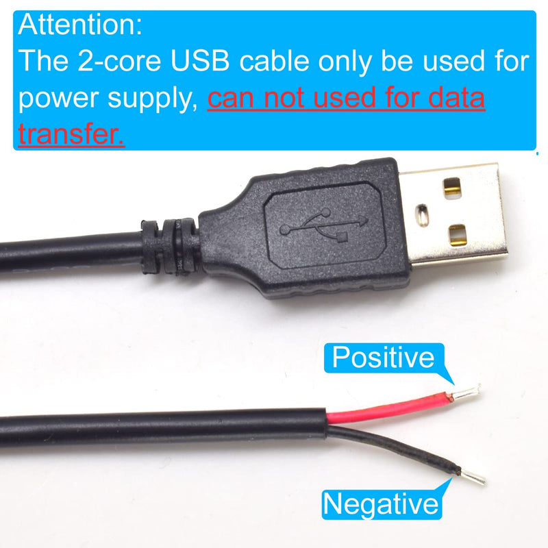 2pcs 1M/3.3Ft 20AWG USB 2.0 Male Plug 2pin Wire DIY Pigtail Cable 5V 5A Black USB Power with 2-Position Spring Wire Connector