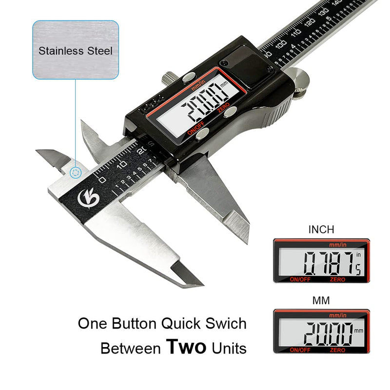 KETOTEK Digital Caliper Measuring Tool, IP54 Waterproof Stainless Steel Electronic Vernier Caliper 6 Inch/150mm Digital Micrometer with Large LCD Screen IP54 Stainless steel