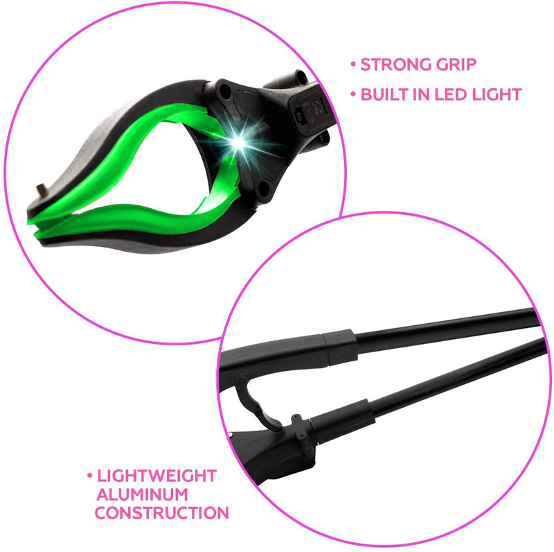 Grabber Tool 32" Aluminum Magnetic Claw with LED Light, Lightweight Foldable Reacher Grabber Pickup Tool, Gripper Grabbers for Elderly Grab it Reaching Tool Trash Picker Grabber, Green, by Luxet