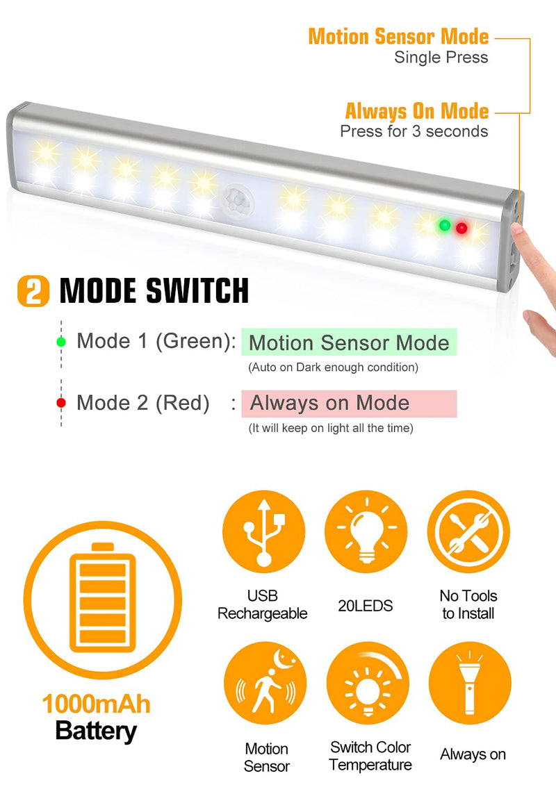Homelife LED Motion Sensor Bars Lights, 20LEDS Wireless Under Cabinet Lighting, LED Closet Lights, Build in Rechargeable Battery, Stick-on Magnetic Motion Sensor Light Indoor for Kitchen, Stairway