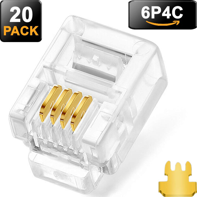 NECABLES (20 Pack) 3 Prong Telephone Modular Plug RJ11 6P4C Connector for Phone Line Cord (Compatible with Both Solid and Stranded Wire)