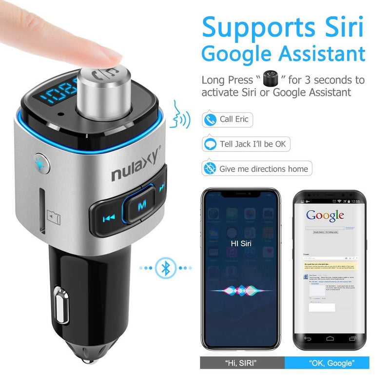 Nulaxy Bluetooth FM Transmitter for Car, 7 Color LED Backlit Bluetooth Car Adapter with QC3.0 Charging, Support Siri Google Assistant, USB Flash Drive, microSD Card, Handsfree Car Kit (A- Silver) A- Silver
