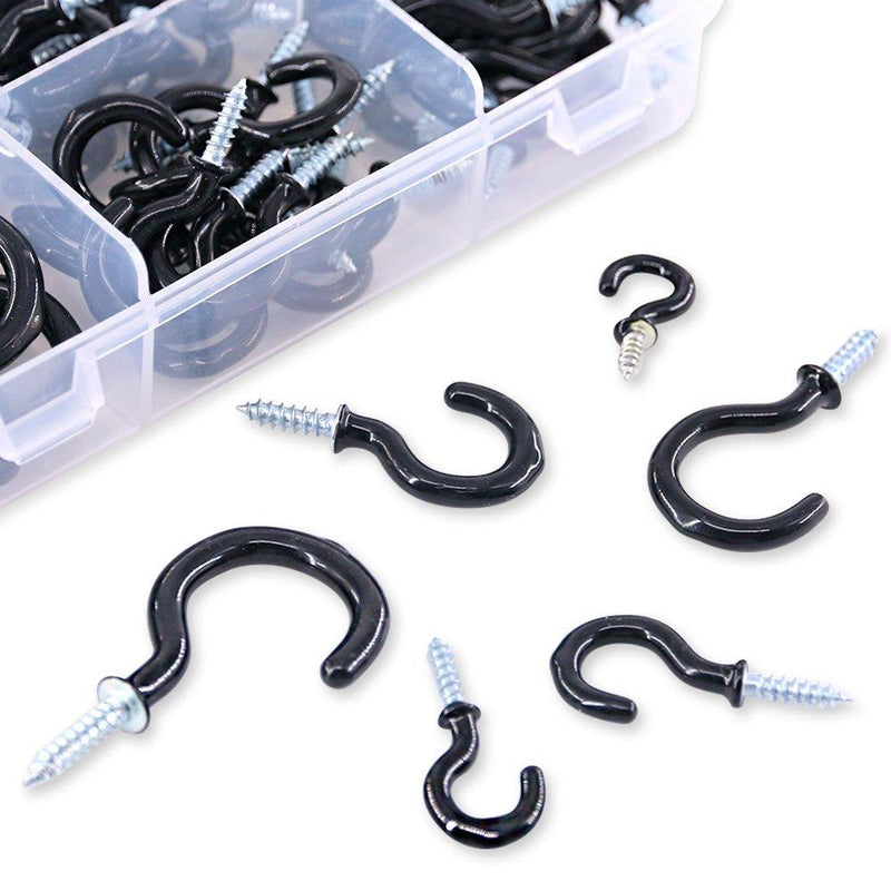 Swpeet 100Pcs Black 6 Sizes Cup Hooks Kit, Vinyl Coated Ceiling Cup Hooks Screw Hooks Mug Hooks Holder for Home, Office and Workplace - 1/2", 5/8",3/4",7/8",1'',1-1/4" (Black)