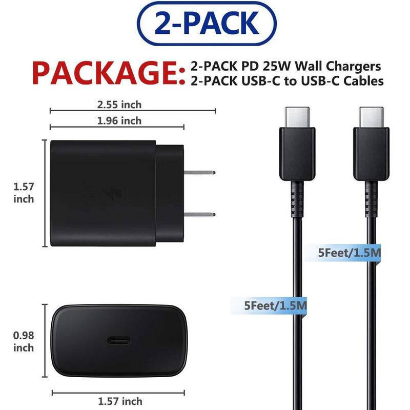 Super Fast Type C Charger Kit,2-Pack PD 25W Fast Charger and 5-ft USB C to USB C Fast Charging Cable for Samsung Galaxy S21/S21+/S21 Ultra/S20/S20+/S20 Ultra/Note 20/Note 20 Ultra/Note 10/Note10+