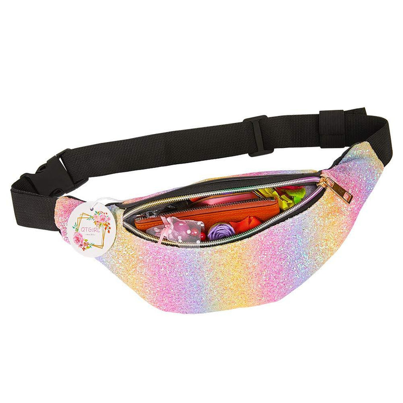 QtGirl Fanny Pack for Kids, Glitter Waist Bag Shiny Bags with Adjustable Belt for Children Sport Running, Camping, Trip Rainbow