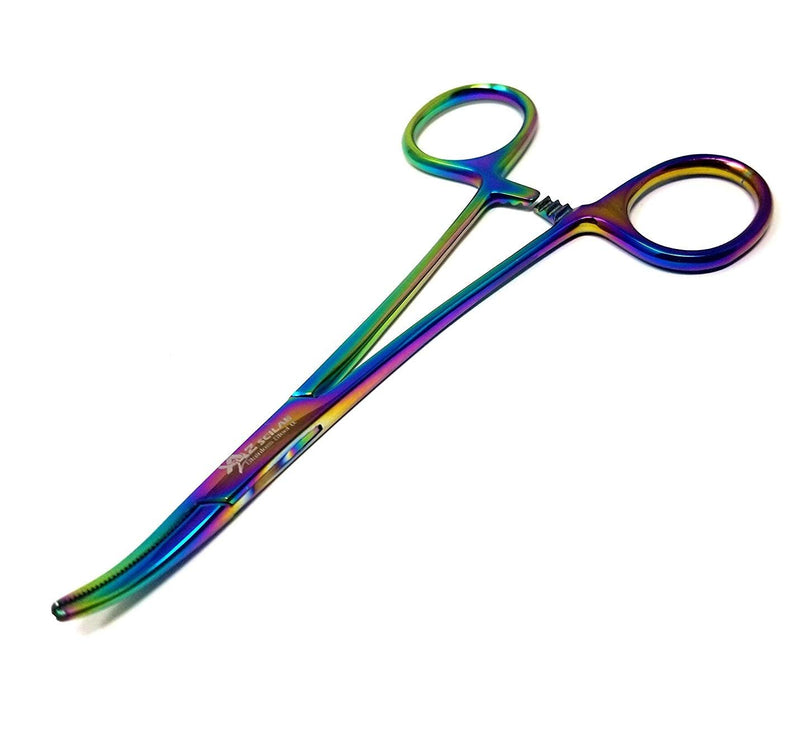 Hemostat Locking Forceps 5" Curved with Full Serrated Jaws Ideal for Clamping, Fishing, Firefighters Nurses Doctors + More (Rainbow) Rainbow