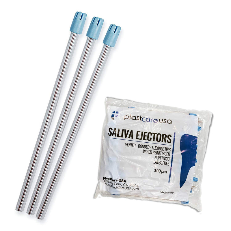 100 Dental Disposable Saliva Ejectors, Clear Body Blue Tip, Evacuation Suction Tips, Bag of 100