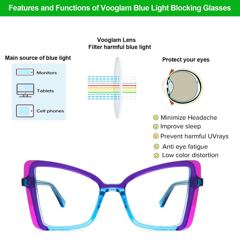 VOOGLAM Oversize Cat Eye Blue Light Blocking Glasses for Women Anti UV Eyestrain Eyewear Jesica Purple Clear