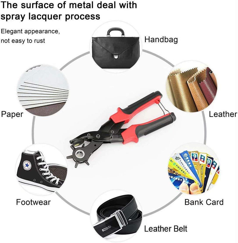 Revolving Punch Plier Kit, XOOL Leather Hole Punch Set for Belts, Watch Bands, Straps, Dog Collars, Saddles, Shoes, Fabric, DIY Home or Craft Projects, Heavy Duty Rotary Puncher, Multi Hole Sizes Make Hole Puncher