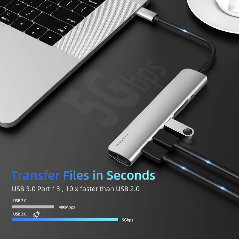 WALNEW USB C Hub, MacBook Pro USB C Adapter, 7-in-1 Type C Hub with 4K USB-C to HDMI, 3 USB 3.0 Ports, SD/TF Card Reader, 100W PD Dock for iPad Pro/ MacBook Pro/Air(Thunderbolt 3)/ Type C Devices Silver