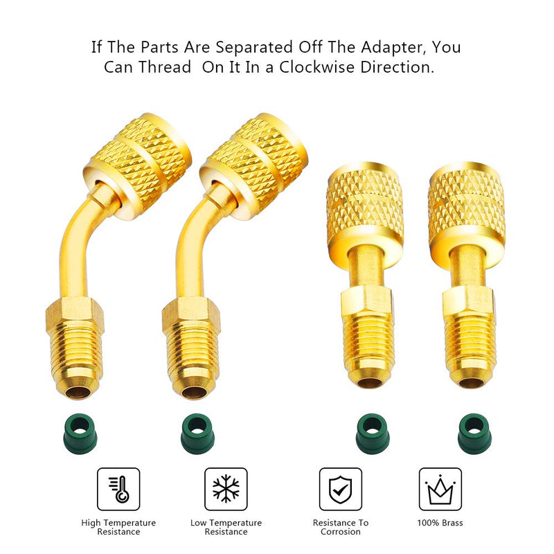 R410A Adapter 5/16 inches SAE Female to 1/4 inches SAE Male Flare for Air Conditioners HVAC, 2 Straight Adapter + 2 Angled Adapter