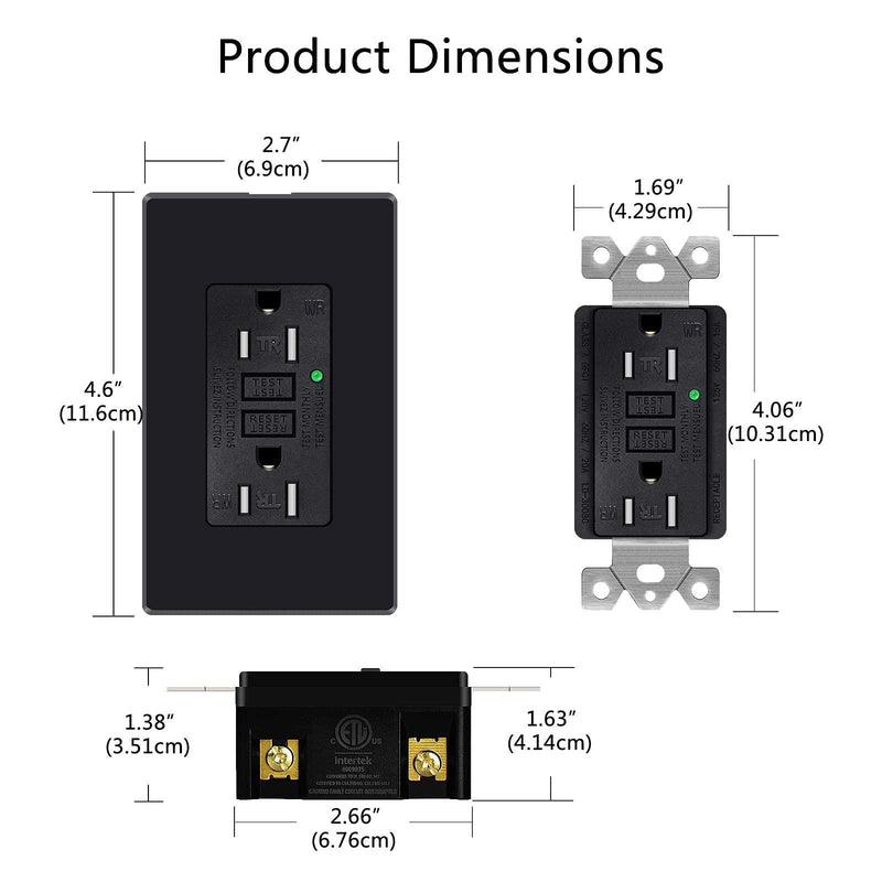 NineLeaf 2 Pack 15Amp GFCI Outlet Receptacles, Tamper-Resistant (TR) Weather-Resistant (WR) with LED Indicator,Decorative Wall Plates and Screws Included, ETL Certified, Black