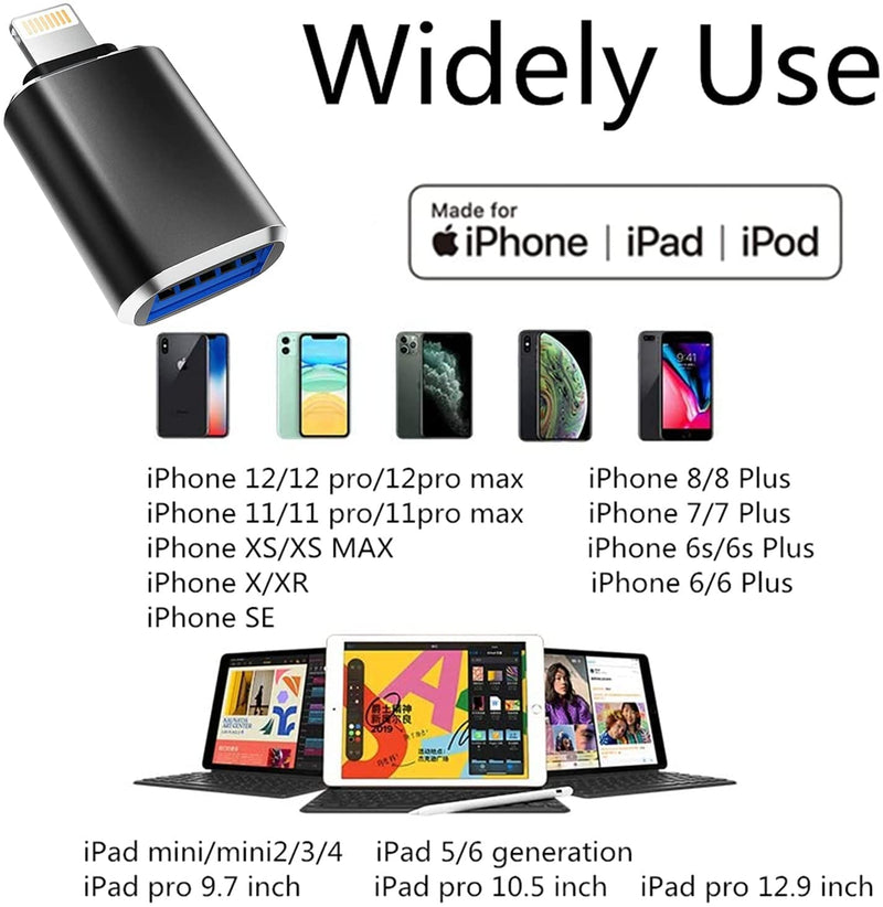 (Apple MFi Certified)Lightning Male to USB3.0 Female Adapter OTG Cable,2 Pack Portable USB Camera Adapter OTG Data Sync Cable for iPhone13/12/11/Xr/X/XS/8/7/Card Reader/Flash Drive/Mouse/MIDI Keyboard Black
