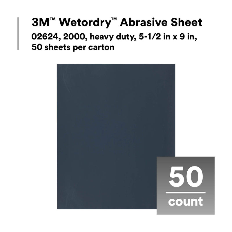 3M Wetordry Abrasive Sheet, 02624, 2000, heavy duty, 5 1/2 in x 9 in, 50 sheets per carton