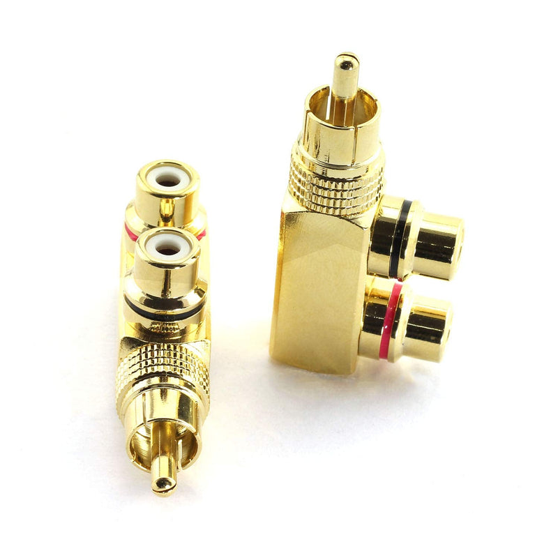 RuiLing 2pcs Copper RCA Splitter Plug 90 Degree Right Angle AV Audio Video Converter Connector Gold Plated 1 Male to 2 Female Adapter