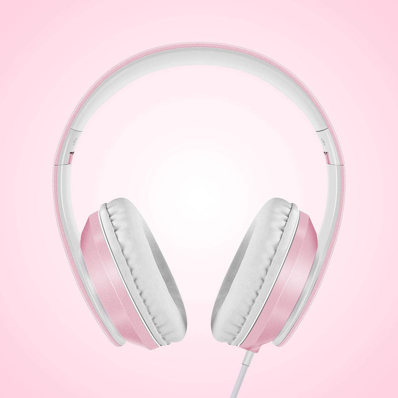 LORELEI X6 Over-Ear Headphones with Microphone, Lightweight Foldable & Portable Stereo Bass Headphones with 1.45M No-Tangle, Wired Headphones for Smartphone Tablet MP3 / 4 (Pearl Pink)
