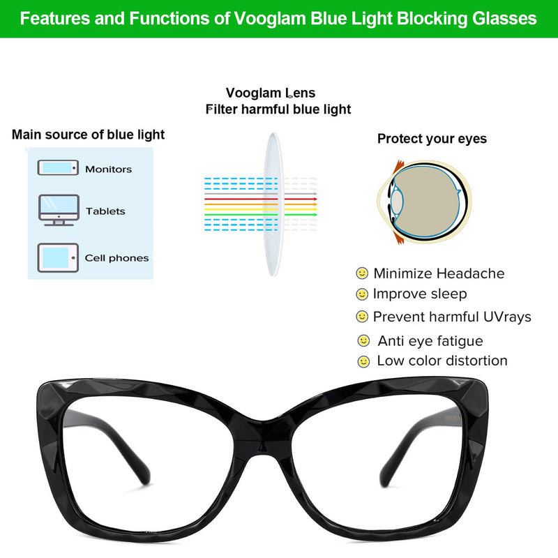 VOOGLAM Rectangle Blue Light Blocking Glasses for Women Anti UV Eyestrain Eyewear Letitia Black Clear