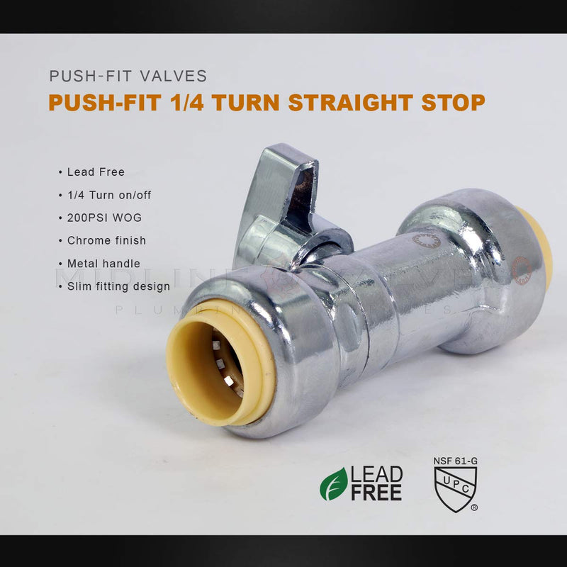 Supply Giant VQTTQ1212-2 1/4 Turn Straight Stop Valve Water Shut Off 1/2 x 1/2 Inch Push Chrome Pack of 2, 1/2 in. Push x 1/2 in. Push