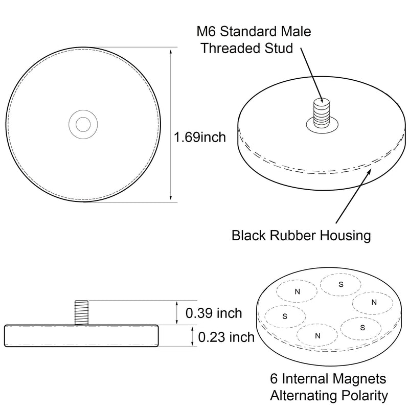 ULIBERMAGNET 4Pack Rubber Coated Neodymium Magnets, Strong 24LB M6 Male Thread Stud, Anti-Scratch Mounting Magnets with Stud for Mounting led Lighting, Fixtures, Holding Tools and Organiazation C43 mm # M6 Male Thread