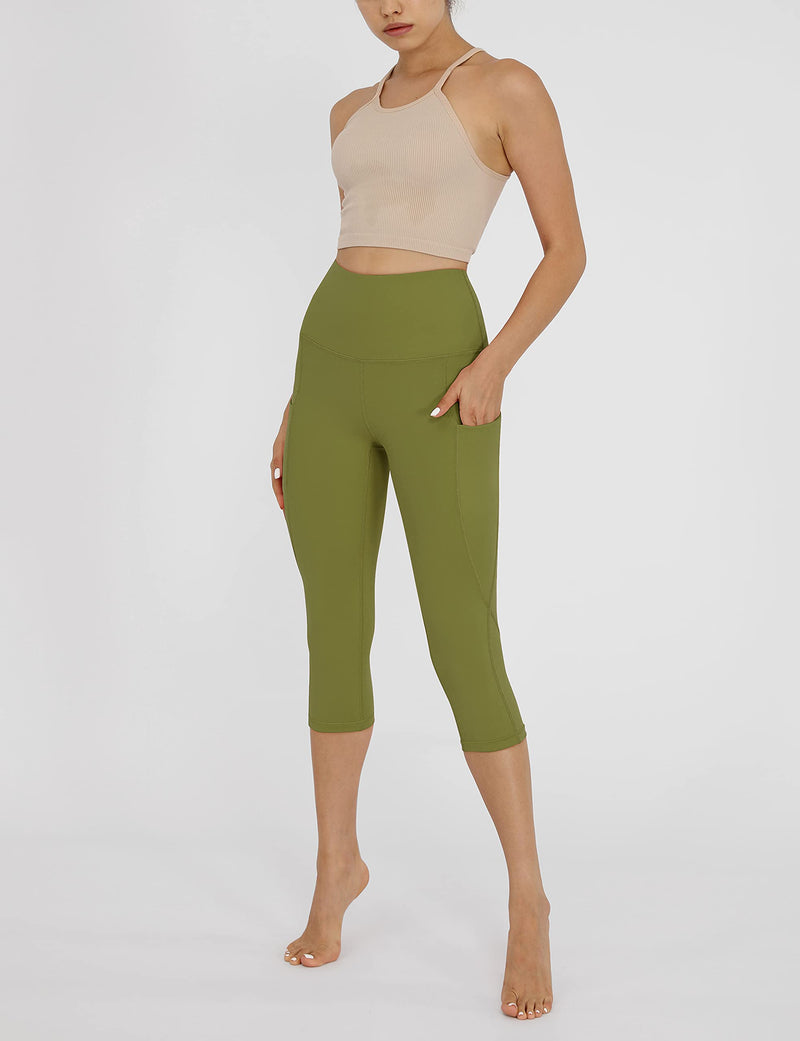 ODODOS Women's High Waisted Yoga Capris with Pockets,Tummy Control Non See Through Workout Sports Running Capri Leggings X-Small Olive/Army