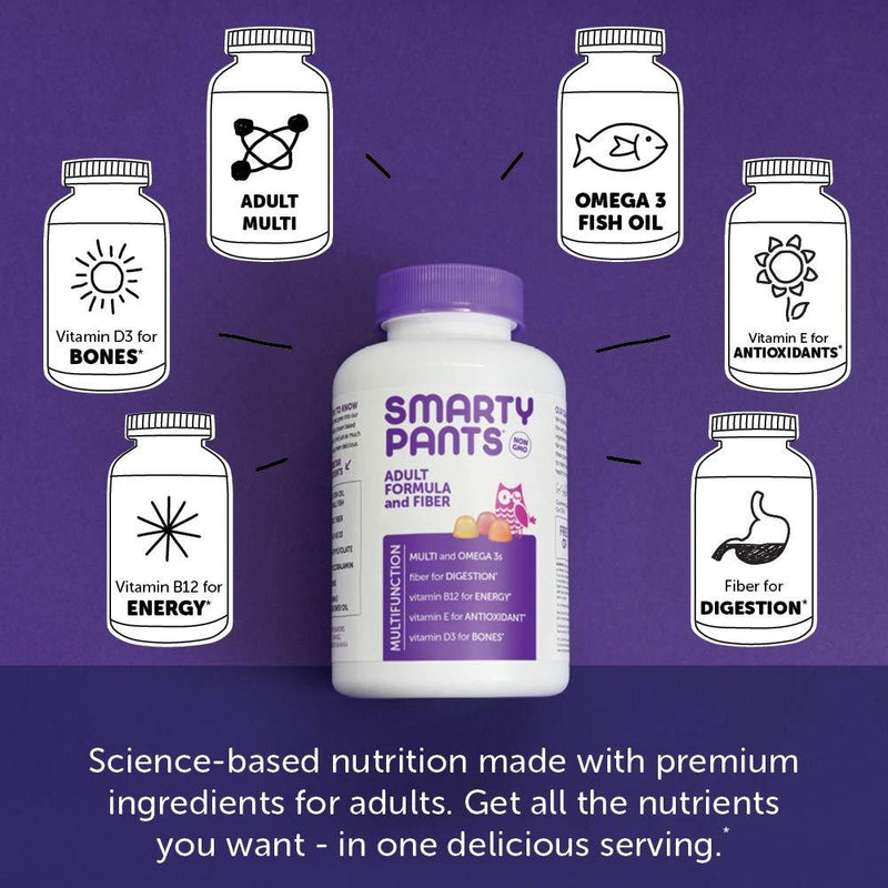 SmartyPants Daily Gummy Multivitamin Adult w/ Fiber: Fiber for Digestive Support, Vitamin C, D3, & Zinc for Immunity, Omega 3 Fish Oil, Vitamin B6, E, Methyl B12, 180 count (30 Day Supply) Adult Formula + Fiber