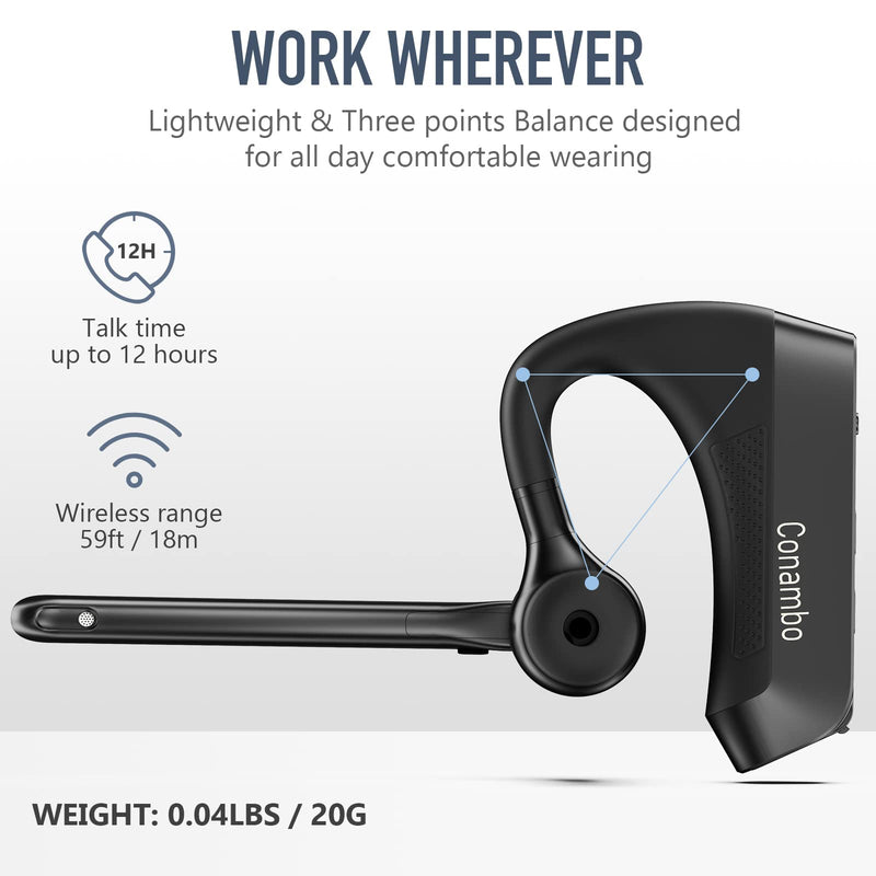 Conambo K21 Bluetooth Headset V5.1, Bluetooth Earpiece with CVC 8.0 Dual Mic Noise Cancelling Wireless Headset 12Hrs Talking Time Handsfree Headset for iOS Android Cell Phone, Trucker, Office Black