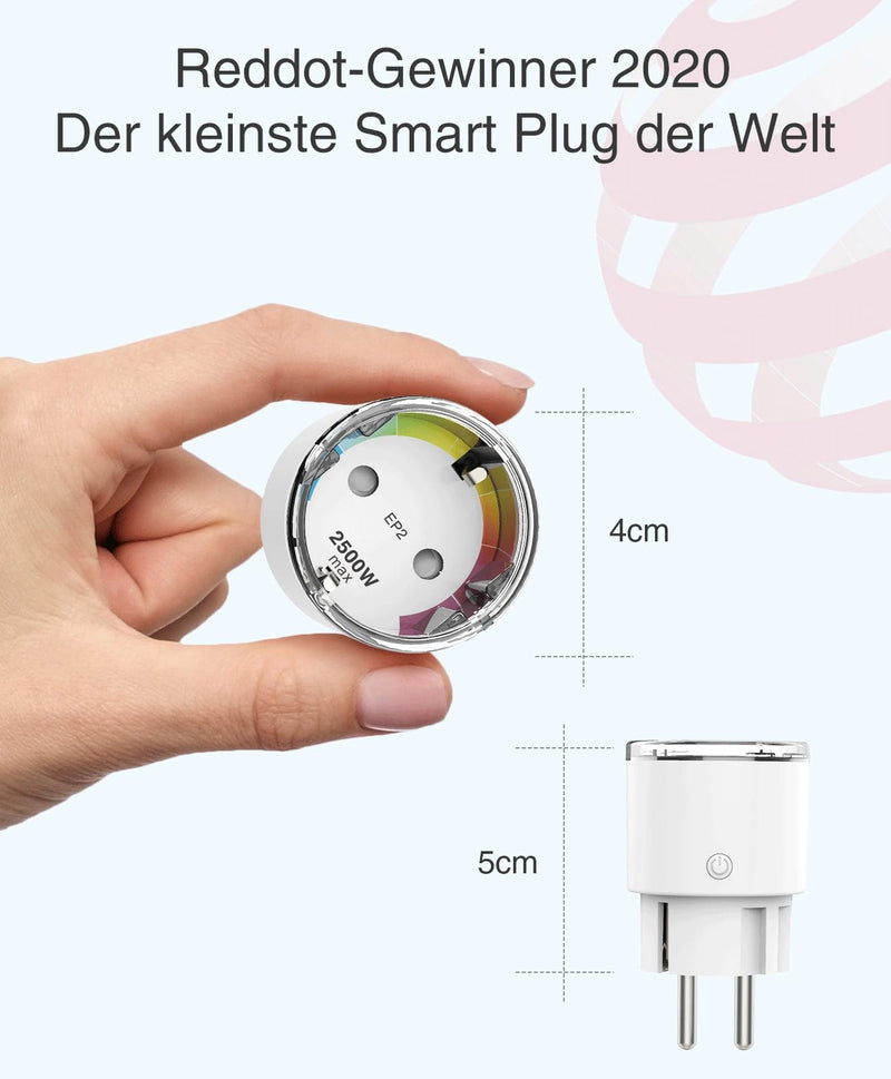 GHome Smart WLAN socket, smallest WiFi socket pack of 4, power consumption measurement, app remote control, works with Alexa, Google Home, voice control, schedule, TÜV certified, 10A, only 2.4GHz WiFi pack of 4 single