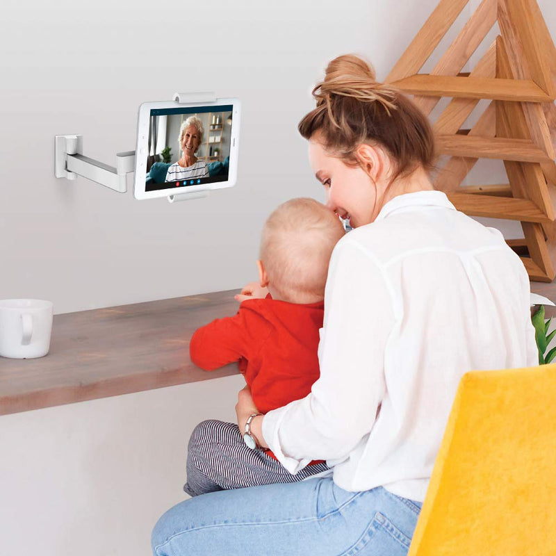 Barkan 7 - 12 inch Full Motion - 4 Movement Tablet Mount for Wall & Cabinet 3 lbs White Firm Tablet Clamp 360 Degree Rotation (T54) Wall Mount, Full Motion