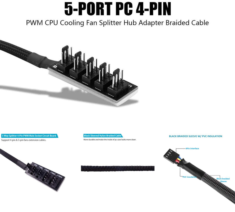 GeekerChip 4-pin PWM fan hub, 5-port fan hub, 4-pin connector for PC fan hub, 4 PIN PWM fan splitter cable, suitable for computer PC fan cable 5 way