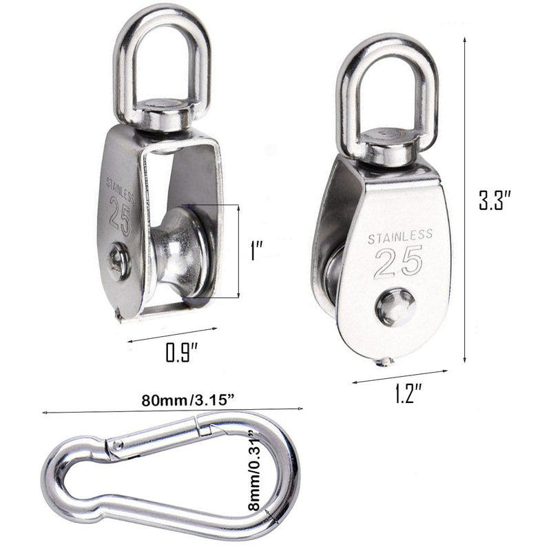 TooTaci 25MM Pulley Block System for Lifting with Rope and Hooks, 2pcs 304 Stainless Steel M25 Lifting Pulley Block Cable Wire Towing Wheel,66ft Nylon Rope & 2 pcs Carabiner Hook 4MMrope