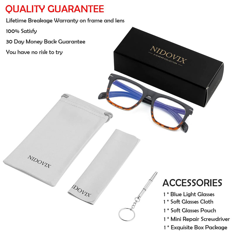 NIDOVIX Trendy Square Blue Light Blocking Glasses for Men Women, Fashion Frame Non-prescription Computer Glasses Black/Tortoise 50 Millimeters