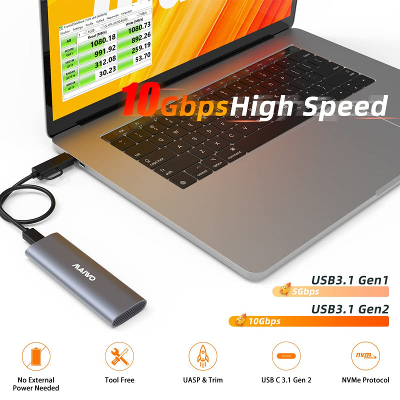 MAIWO M.2 NVME SSD Enclosure USB 3.2 Gen 2 (10 Gbps) to NVME PCI-E M-Key Adapter M.2 Solid State Drive External Enclosure Support UASP Trim Support NVMe PCIe 2230/2242/2260/2280 2TB