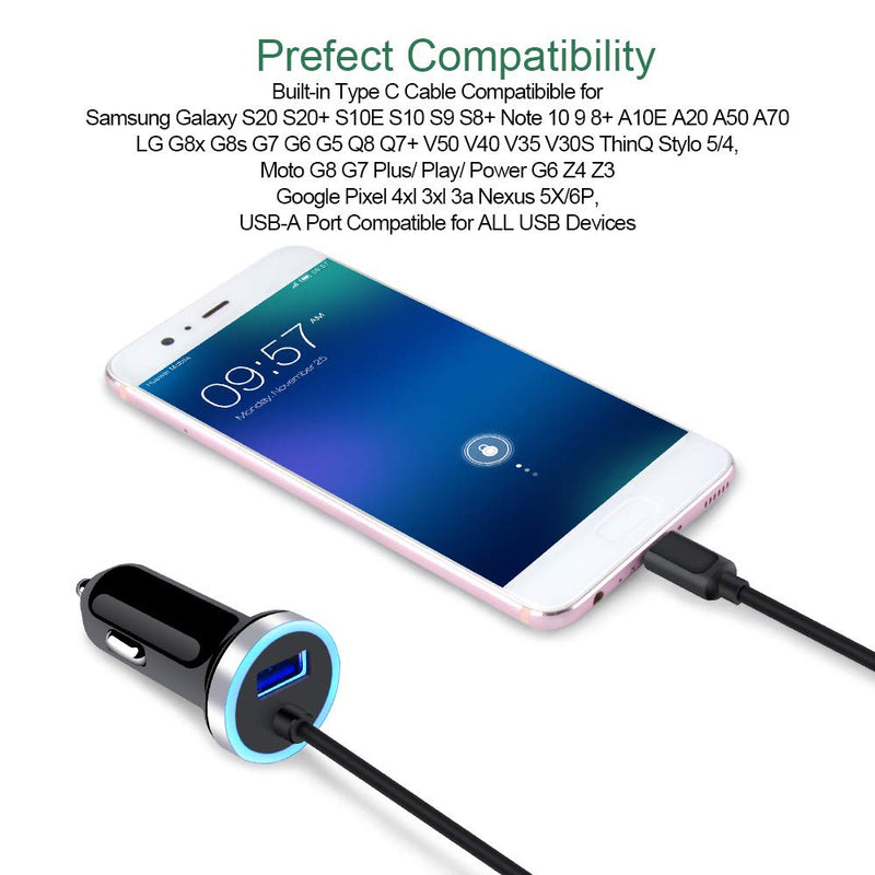 USB C Car Charger, 3.4A Fast Charging Car Charger for Samsung Galaxy S22 S21 S20 S10E S9 S8 Note 22 21 20 10 9 8 A50 A20 A51 A70 A71 A21 A10E, LG G7 V60 Stylo 6/5, Car Adapter 3ft Type C Charger Cable